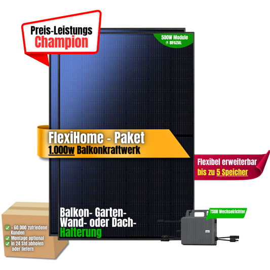 FlexiHome 1000W Balkonkraftwerk ( 2 x 500w Module + 800w TSUN Wechselrichter)