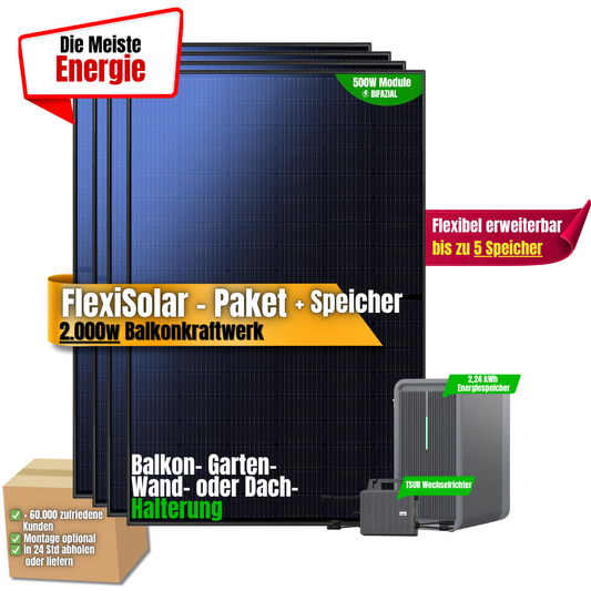 FlexiSolar 2000W Balkonkraftwerk Marstek mit 2,24kWh Speicher ( 4 x 500w Module + 2,24kWh Marstek Saturn C B2500-D + 800w TSUN Wechselrichter)