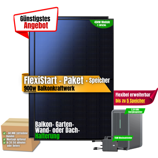 FlexiStart 900W Balkonkraftwerk Marstek mit 2,24kWh Speicher ( 2 x 450w Module + 2,24kWh Marstek Saturn C B2500-D + 800w TSUN Wechselrichter)