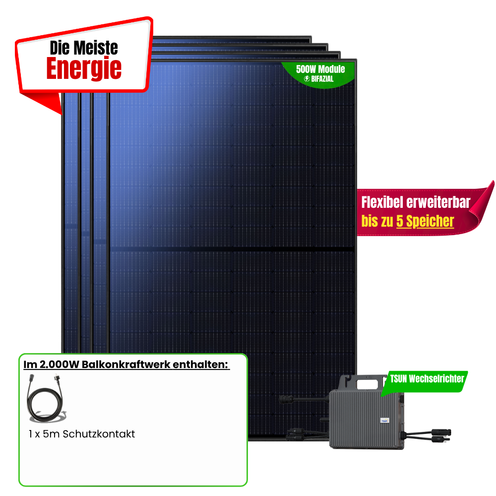 FlexiSolar 2000W Balkonkraftwerk ( 4 x 500w Module + 800w TSUN Wechselrichter)