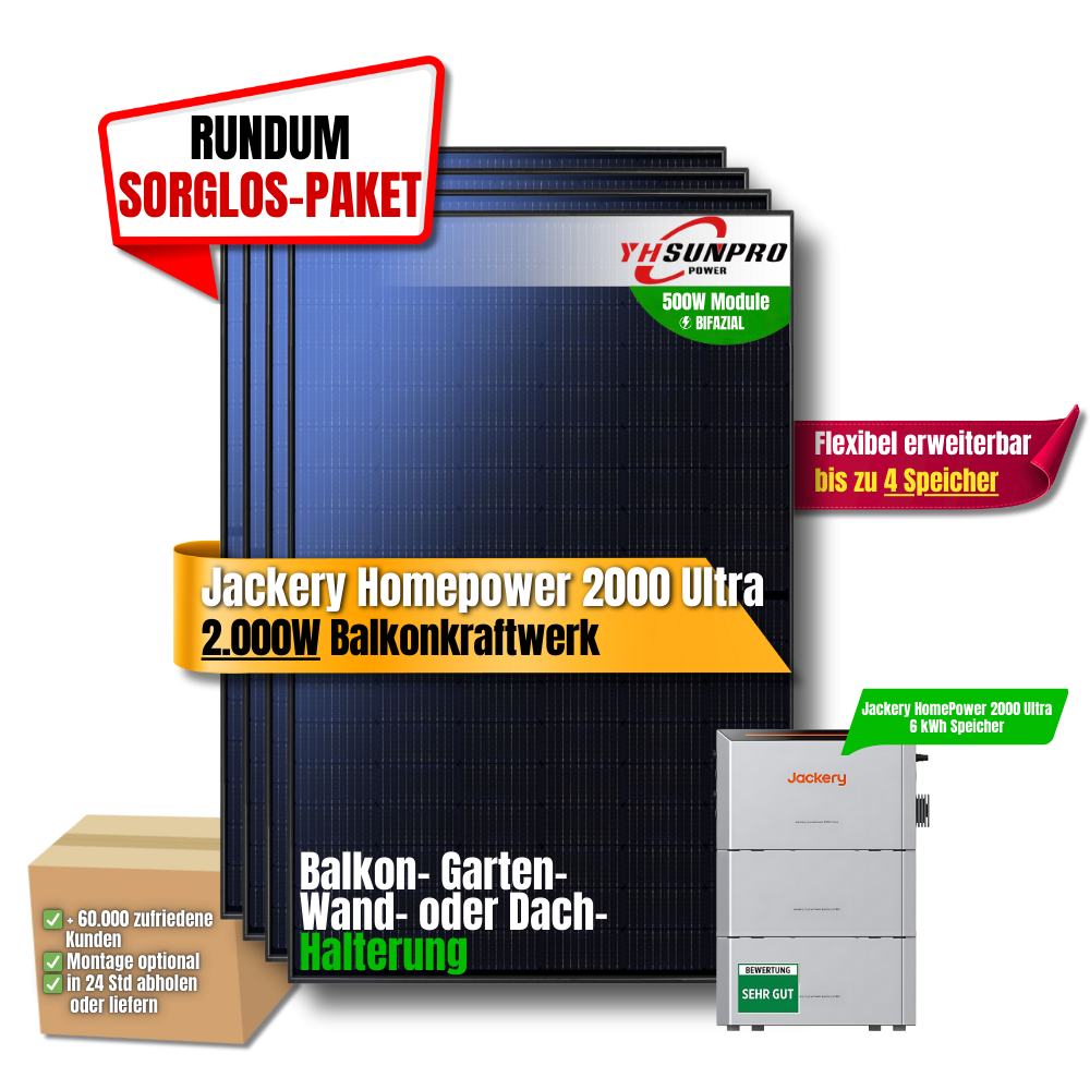 2000W Balkonkraftwerk Jackery mit 6kWh Speicher (4 x 500w Module + 2kWh Jackery Homepower 2000 Speicher + 2 x 2kWh Zusatzspeicher)