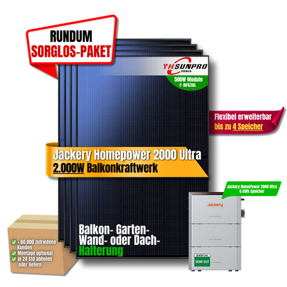2000W Balkonkraftwerk Jackery mit 6kWh Speicher (4 x 500w Module + 2kWh Jackery Homepower 2000 Speicher + 2 x 2kWh Zusatzspeicher)