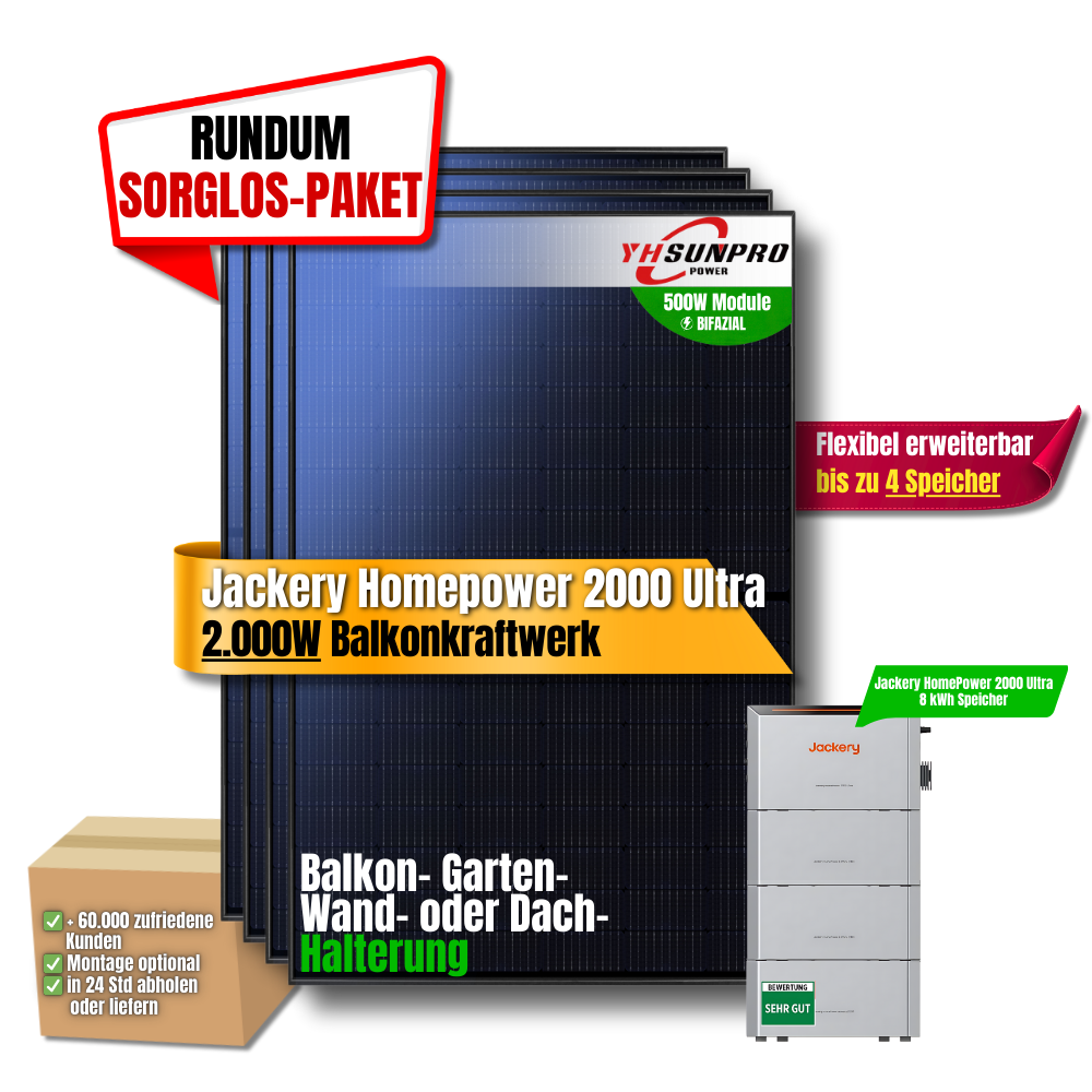 2000W Balkonkraftwerk Jackery mit 8kWh Speicher (4 x 500w Module + 2kWh Jackery Homepower 2000 Speicher + 3 x 2kWh Zusatzspeicher)
