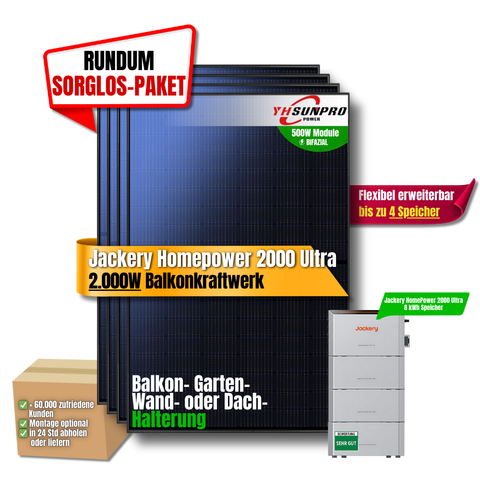 2000W Balkonkraftwerk Jackery mit 8kWh Speicher (4 x 500w Module + 2kWh Jackery Homepower 2000 Speicher + 3 x 2kWh Zusatzspeicher)