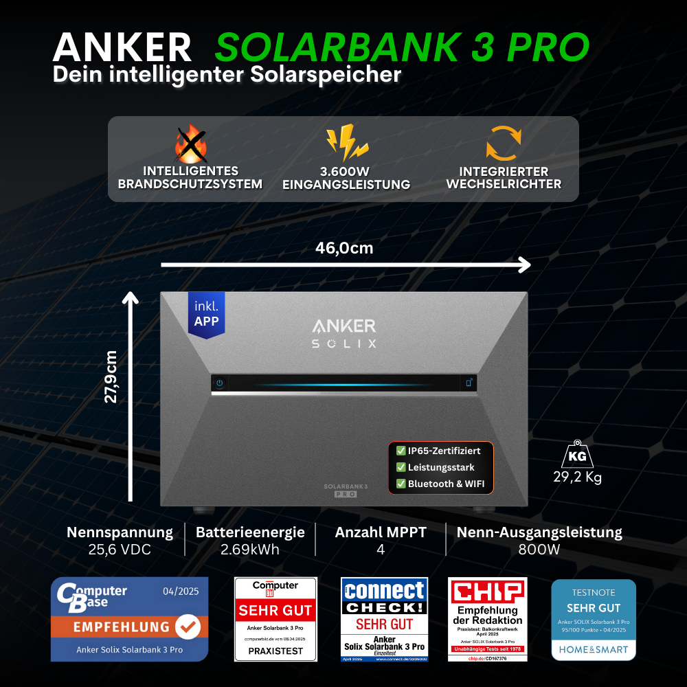 1740 Watt Anker Solix Pro 3 Balkonkraftwerk + Erweiterungsakku 5,4Kwh