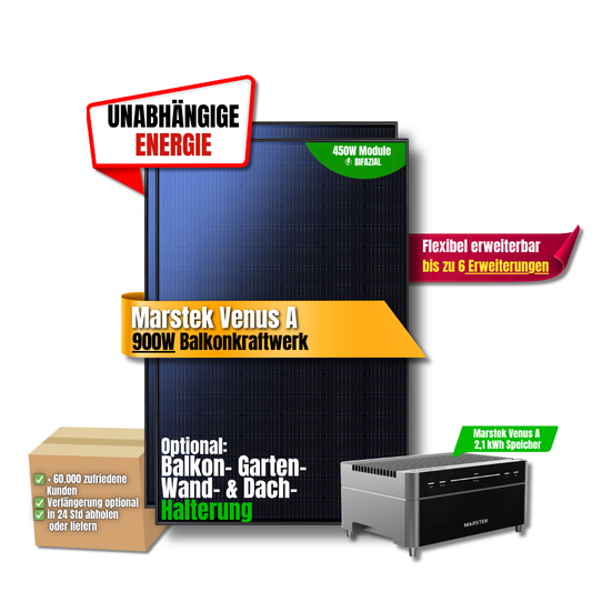 900W Balkonkraftwerk Marstek mit 2,1kWh Speicher ( 2 x 450w Module + 2,1kWh Marstek Venus A Speicher)