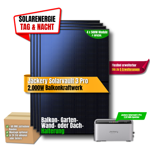 2000W Balkonkraftwerk Jackery mit 2,52kWh Speicher ( 4 x 500w Module + 2,52kWh Speicher Solarvault 3 Pro)
