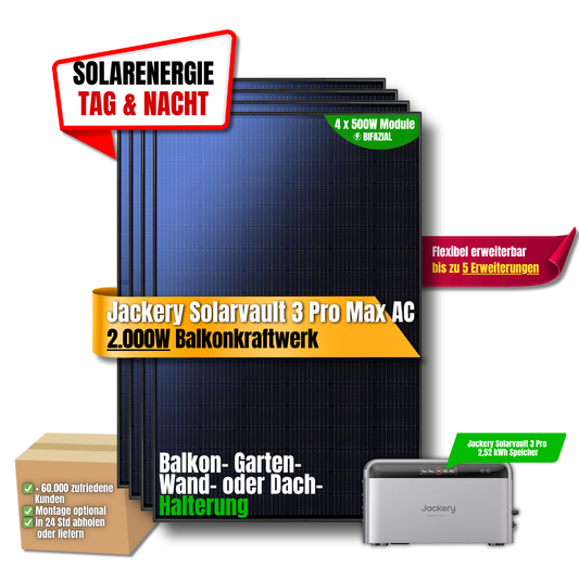 2000W Balkonkraftwerk Jackery mit 2,52kWh Speicher ( 4 x 500w Module + 2,52kWh Speicher Solarvault 3 Pro Max AC)