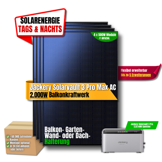 2000W Balkonkraftwerk Jackery mit 2,52kWh Speicher ( 4 x 500w Module + 2,52kWh Speicher Solarvault 3 Pro Max AC)