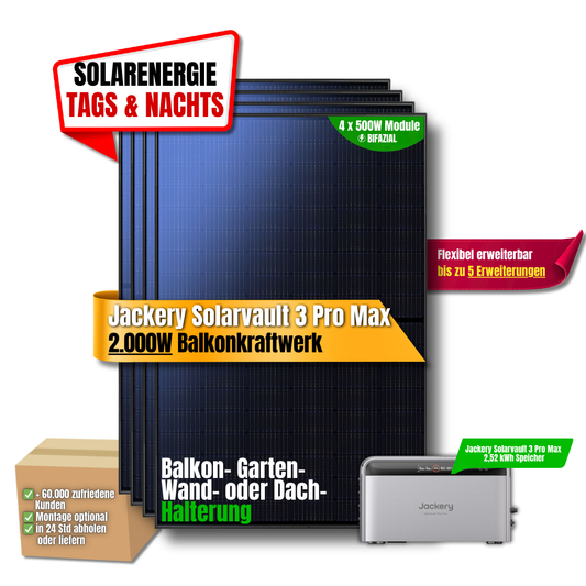 2000W Balkonkraftwerk Jackery mit 2,52kWh Speicher ( 4 x 500w Module + 2,52kWh Speicher Solarvault 3 Pro Max)