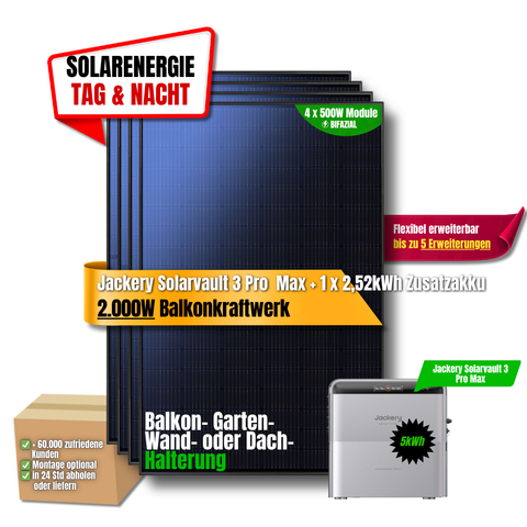 2000W Balkonkraftwerk Jackery mit 5kWh Speicher (4 x 500w Module + 2,52kWh Speicher Solarvault 3 Pro Max + 2,52kWh Zusatzspeicher)