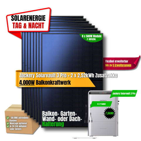 4000W Balkonkraftwerk Jackery mit 7,5kWh Speicher (8 x 500w Module + 2,52kWh Speicher Solarvault 3 Pro + 2 x 2,52kWh Zusatzspeicher)