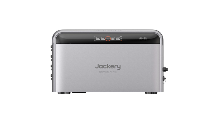 Jackery SolarVault 3 Pro Max Speicher in der Frontansicht vor schwarzem Hintergrund