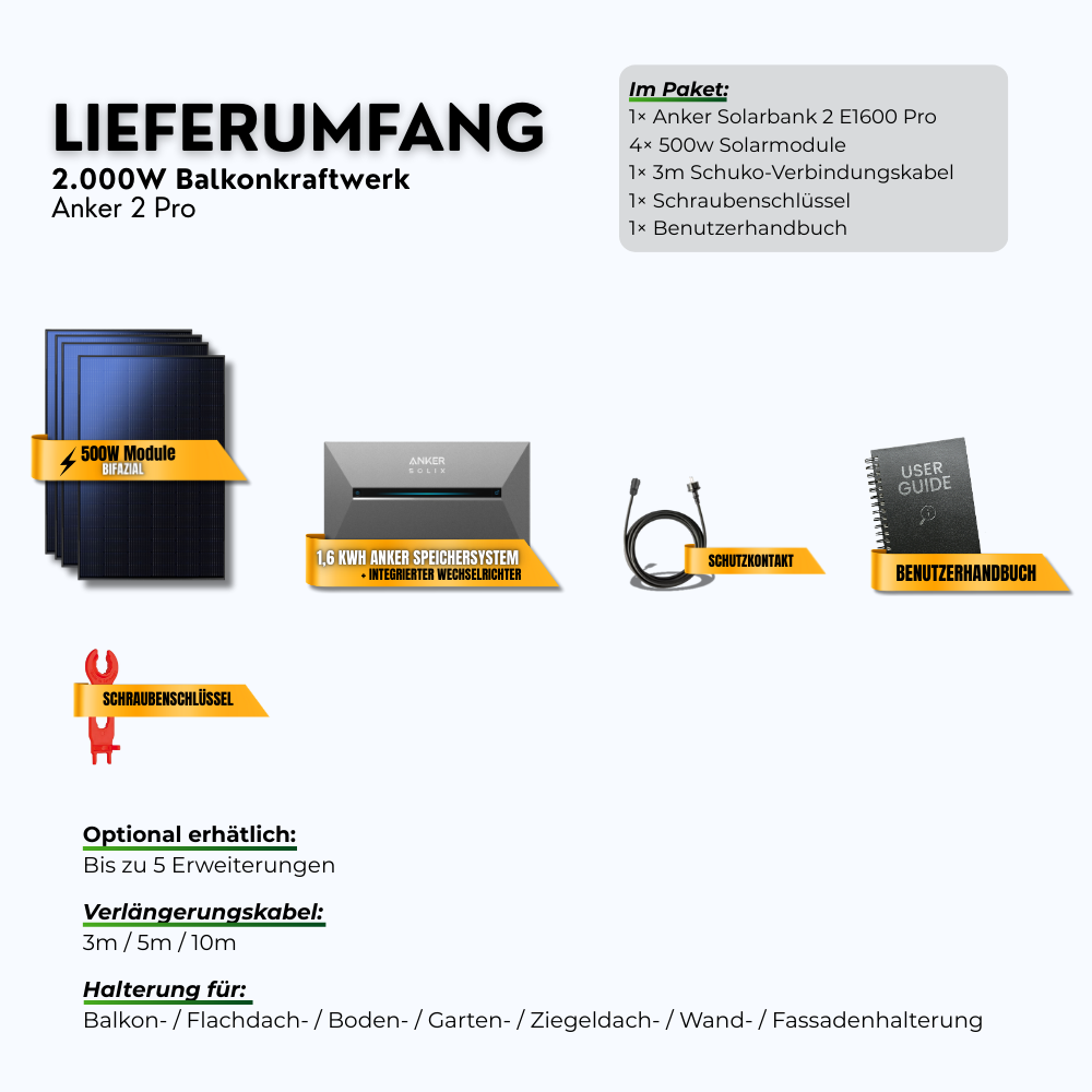 2.000W Anker 2 Pro Balkonkraftwerk Halterungen und Solarkabel Zubehör wählbar