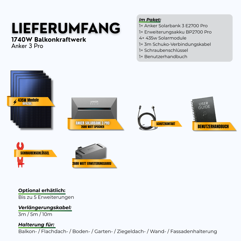 1740 Watt Anker Solix Pro 3 Balkonkraftwerk + Erweiterungsakku 5,4Kwh