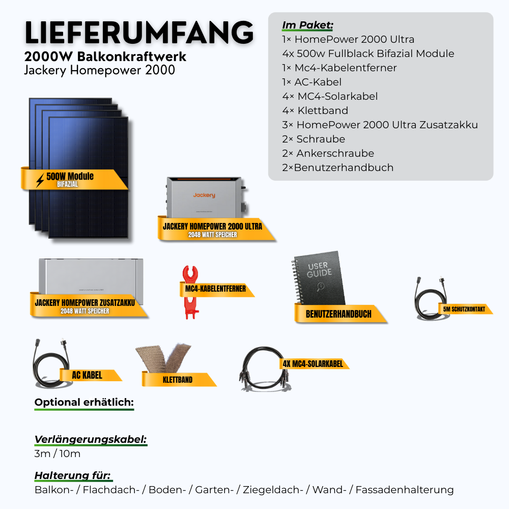 2000W Balkonkraftwerk Jackery mit 8kWh Speicher (4 x 500w Module + 2kWh Jackery Homepower 2000 Speicher + 3 x 2kWh Zusatzspeicher)