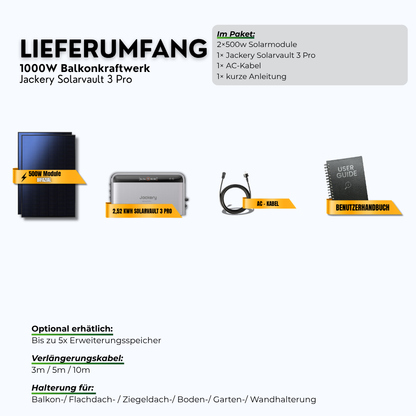1000W Balkonkraftwerk Jackery mit 2,52kWh Speicher ( 2 x 500w Module + 2,52kWh Speicher Solarvault 3 Pro)