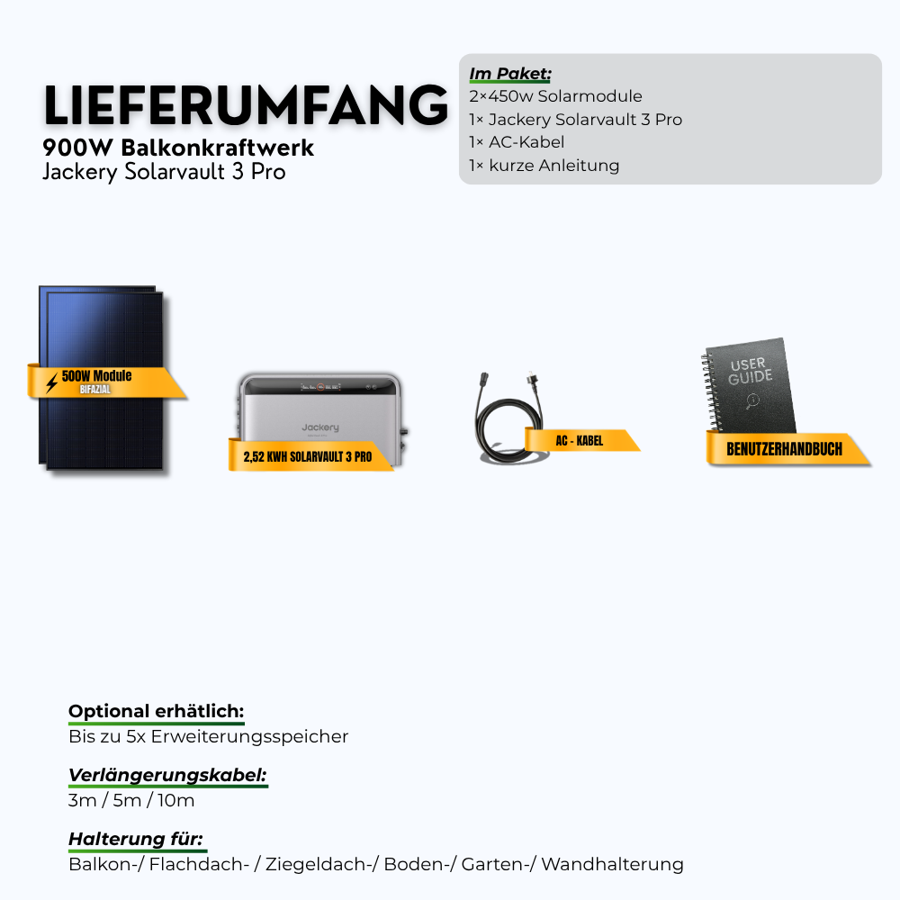 900W Balkonkraftwerk Jackery mit 2,52kWh Speicher ( 2 x 450w Module + 2,52kWh Speicher Solarvault 3 Pro)