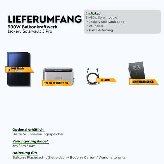 900W Balkonkraftwerk Jackery mit 2,52kWh Speicher ( 2 x 450w Module + 2,52kWh Speicher Solarvault 3 Pro)