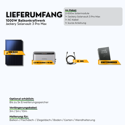 1000W Balkonkraftwerk Jackery mit 2,52kWh Speicher ( 2 x 500w Module + 2,52kWh Speicher Solarvault 3 Pro Max)