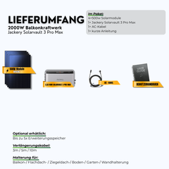 Lieferumfang 2000 W Balkonkraftwerk mit Jackery SolarVault 3 Pro Max, vier 500 W Modulen, AC-Kabel und Anleitung