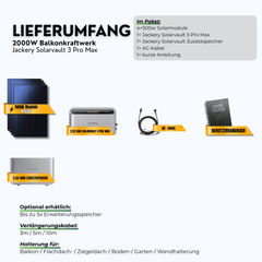Lieferumfang 2000 W Balkonkraftwerk mit Jackery SolarVault 3 Pro Max, Zusatzspeicher, vier Modulen und AC-Kabel