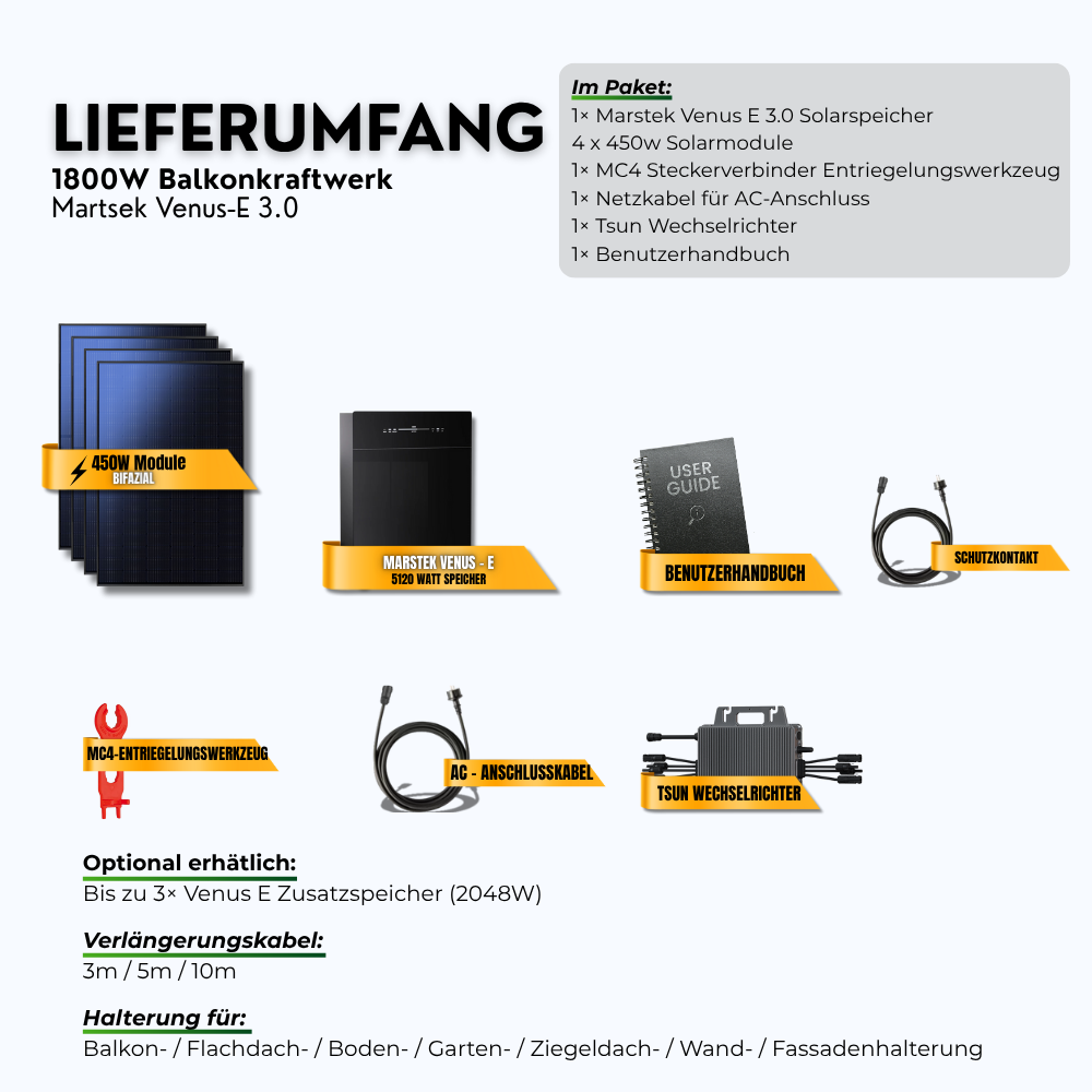 1800 Watt Marstek Venus E 3.0 5,12 kWh Balkonkraftwerk Speicher Set