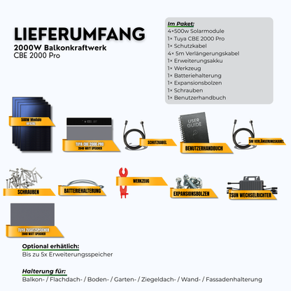 2000W Balkonkraftwerk Tuya mit 4kWh Speicher (4 x 500w Module + 2kwh Speicher CBE 2000 Pro + 2kWh Zusatzakku)