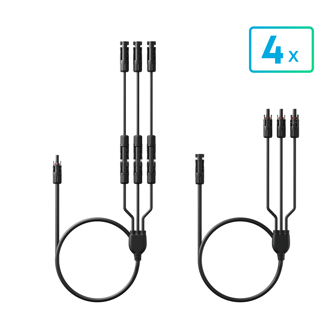 Ein Paar Anker SOLIX 3-in-1 PV-Adapterkabel für Plus und Minus mit je drei Abzweigsteckern, daneben der Hinweis 4x für vier Paar im Paket.