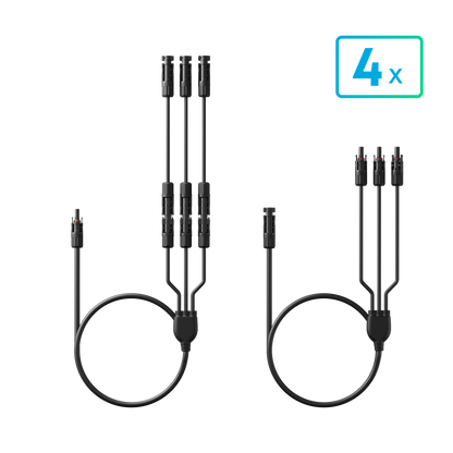 Ein Paar Anker SOLIX 3-in-1 PV-Adapterkabel für Plus und Minus mit je drei Abzweigsteckern, daneben der Hinweis 4x für vier Paar im Paket.