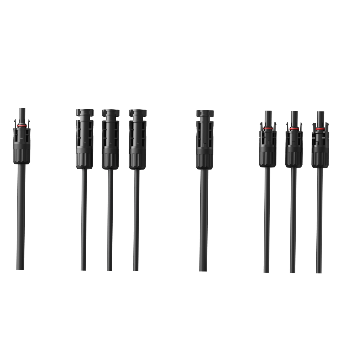 Nahansicht der PV-Steckverbinder an Hauptleitung und Abzweigleitungen der Anker SOLIX 3-in-1 PV-Adapterkabel.
