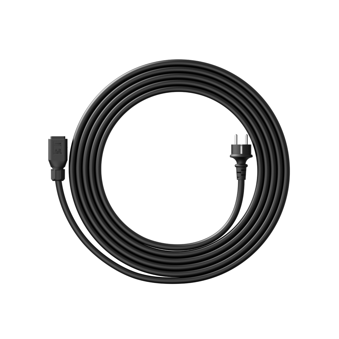 Aufgerolltes schwarzes Anker SOLIX AC-Kabel mit Schuko-Stecker und Geräteanschluss.