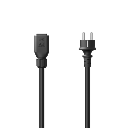 Die beiden Enden des Schuko-Kabels: Geräteanschluss für die Solarbank und Schuko-Stecker.