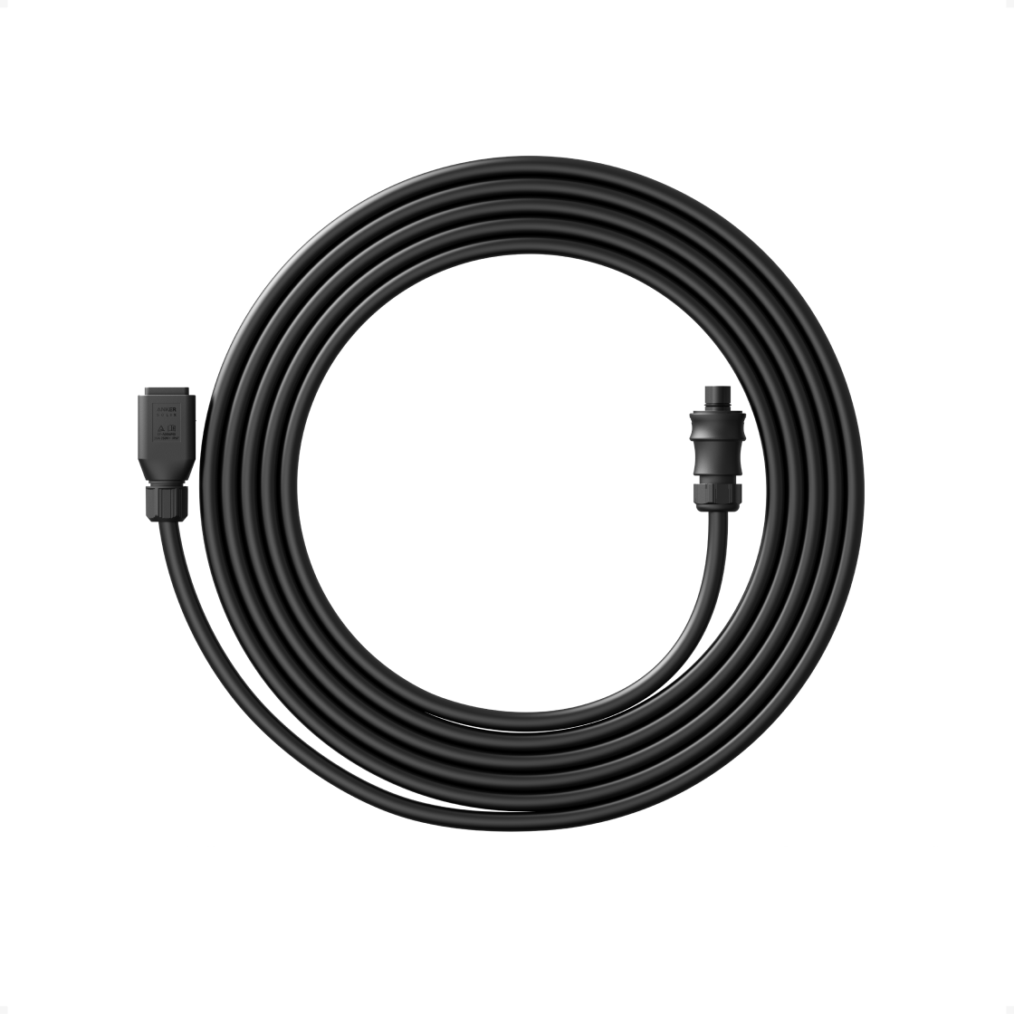 Aufgerolltes schwarzes Anker SOLIX AC-Kabel mit Wieland-Stecker und Geräteanschluss.