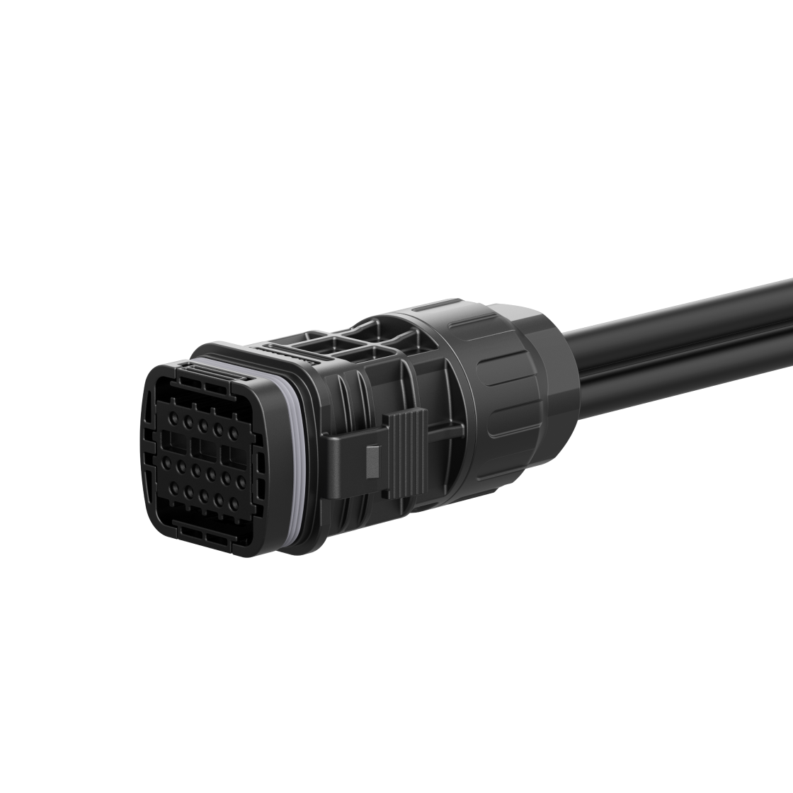 Nahansicht des schwarzen mehrpoligen COM-Steckers des Anker SOLIX COM Connector Kit mit Verriegelungslasche und Kabelverschraubung.