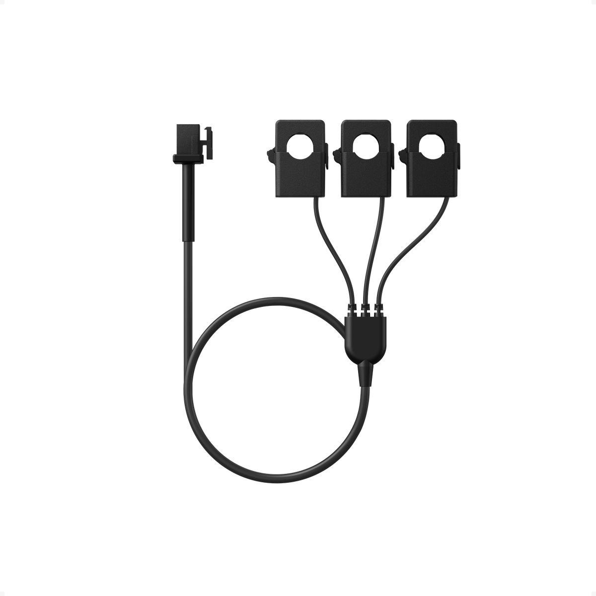 Drei schwarze Klapp-Stromwandler an einem gemeinsamen Kabel mit Stecker für den dreiphasigen Smart Meter Gen 2.