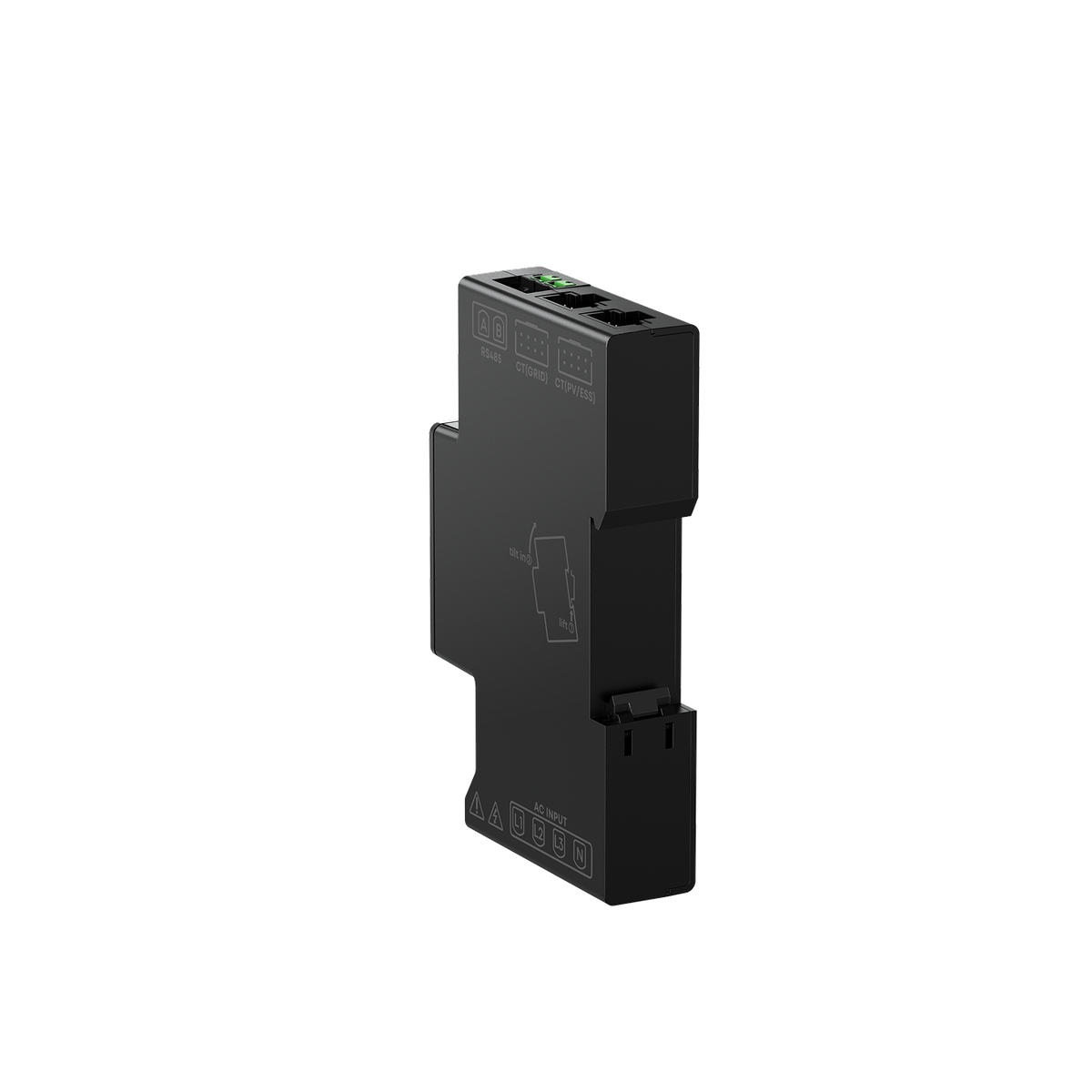 Dreiphasiger Smart Meter Gen 2 von hinten schräg mit Anschlussbuchsen an der Oberseite.