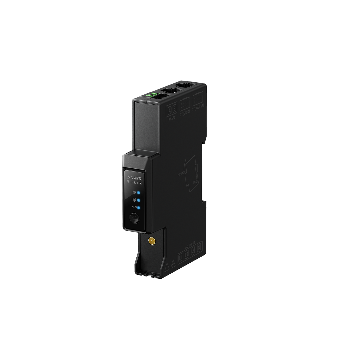 Der dreiphasige Anker SOLIX Smart Meter Gen 2 von schräg vorne mit Statusleuchten und grünen Klemmen.