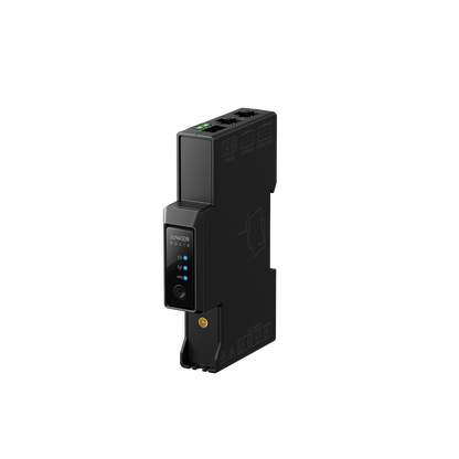 Der dreiphasige Anker SOLIX Smart Meter Gen 2 von schräg vorne mit Statusleuchten und grünen Klemmen.