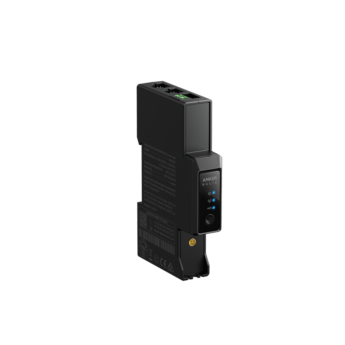 Seitenansicht des dreiphasigen Smart Meter Gen 2 mit Typenschild und Bedienfeld.