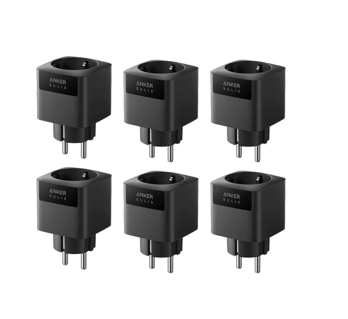 Sechs Anker SOLIX Smart Plug Gen 2 in zwei Reihen als 6er-Pack.