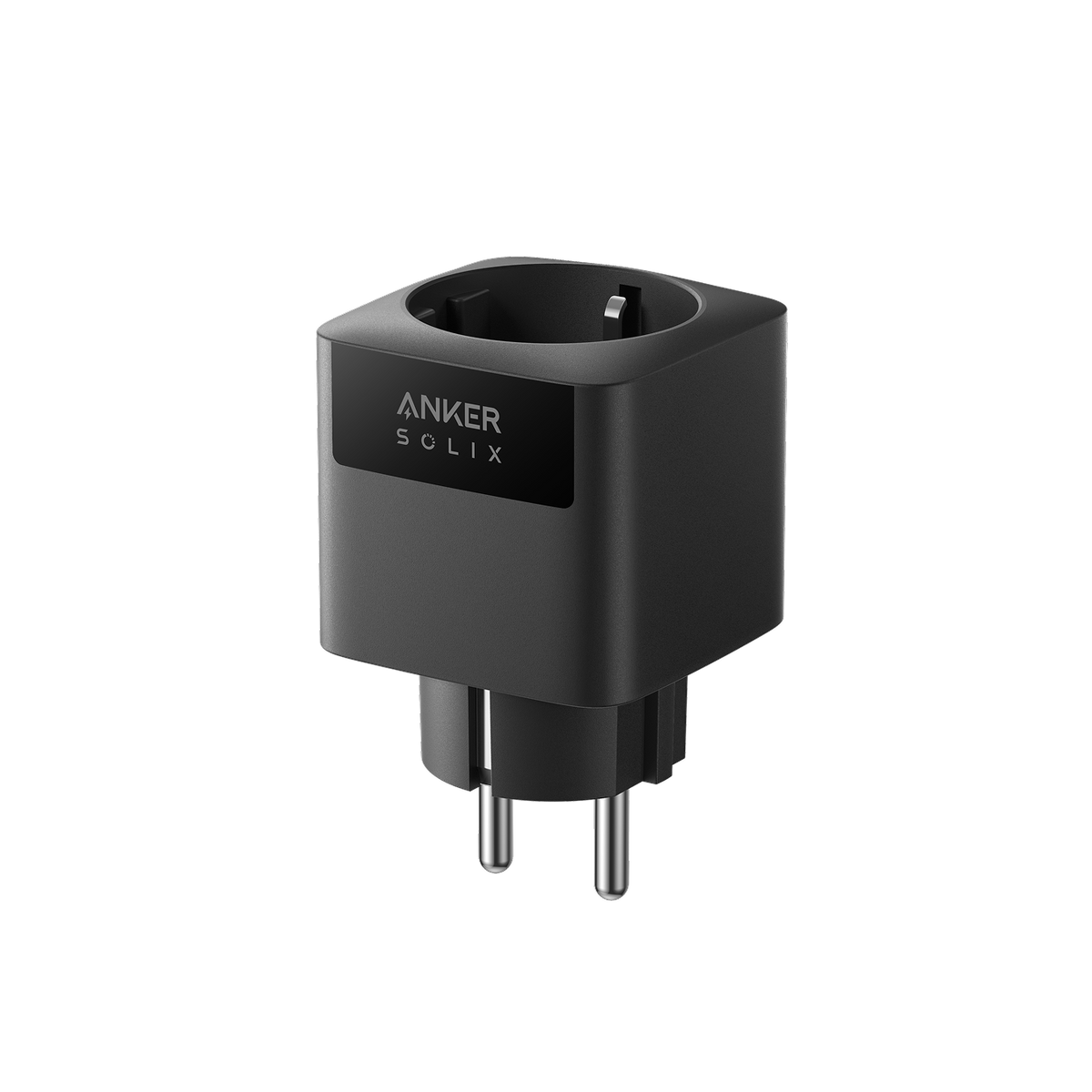 Der schwarze Anker SOLIX Smart Plug Gen 2 von schräg vorne mit Schutzkontaktbuchse und Anker-SOLIX-Logo.