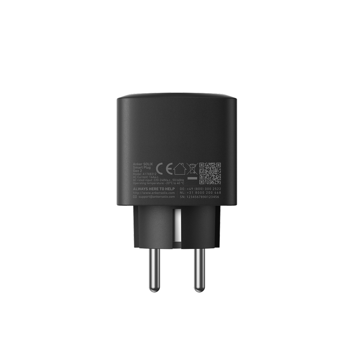 Seite des Smart Plug Gen 2 mit aufgedrucktem Typenschild und CE-Kennzeichnung.