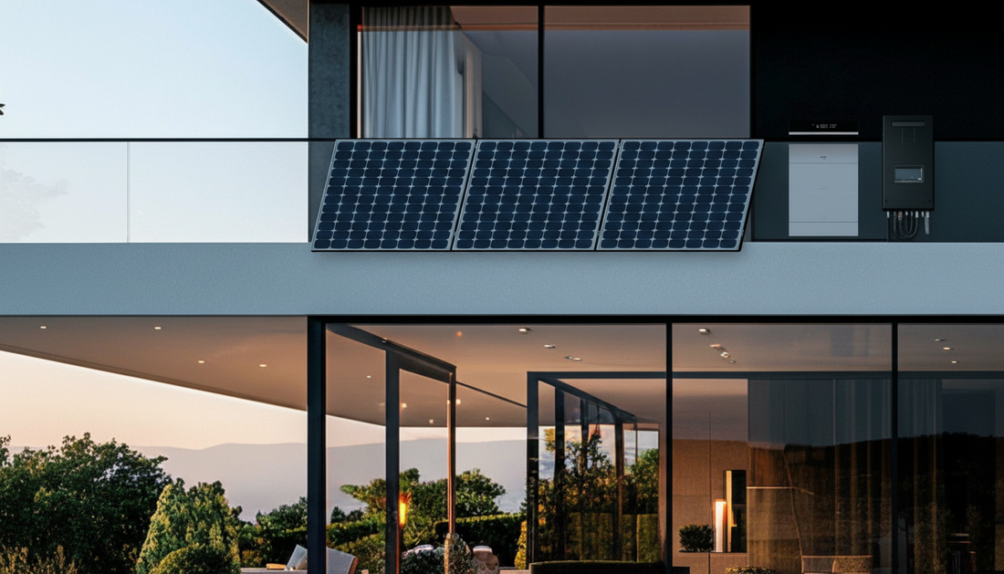 Balkonkraftwerk mit drei Solarmodulen am Glasbalkon eines modernen Hauses, daneben Speicher und Wechselrichter