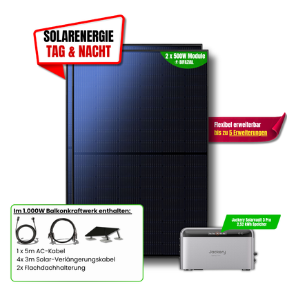 Jackery SolarVault 3 Pro 1000 W Balkonkraftwerk – 2× Flachdachhalterung, 4× 3 m Verlängerungskabel