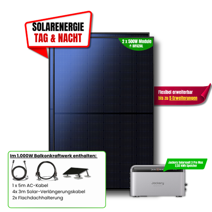 Jackery SolarVault 3 Pro Max 1000 W Balkonkraftwerk – 2× Flachdachhalterung, 4× 3 m Verlängerungskabel