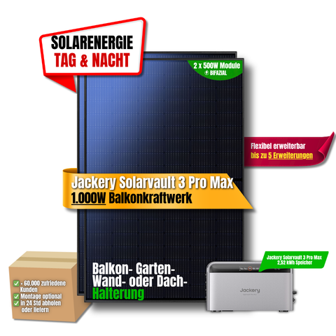 1000W Balkonkraftwerk Jackery mit 2,52kWh Speicher ( 2 x 500w Module + 2,52kWh Speicher Solarvault 3 Pro Max)