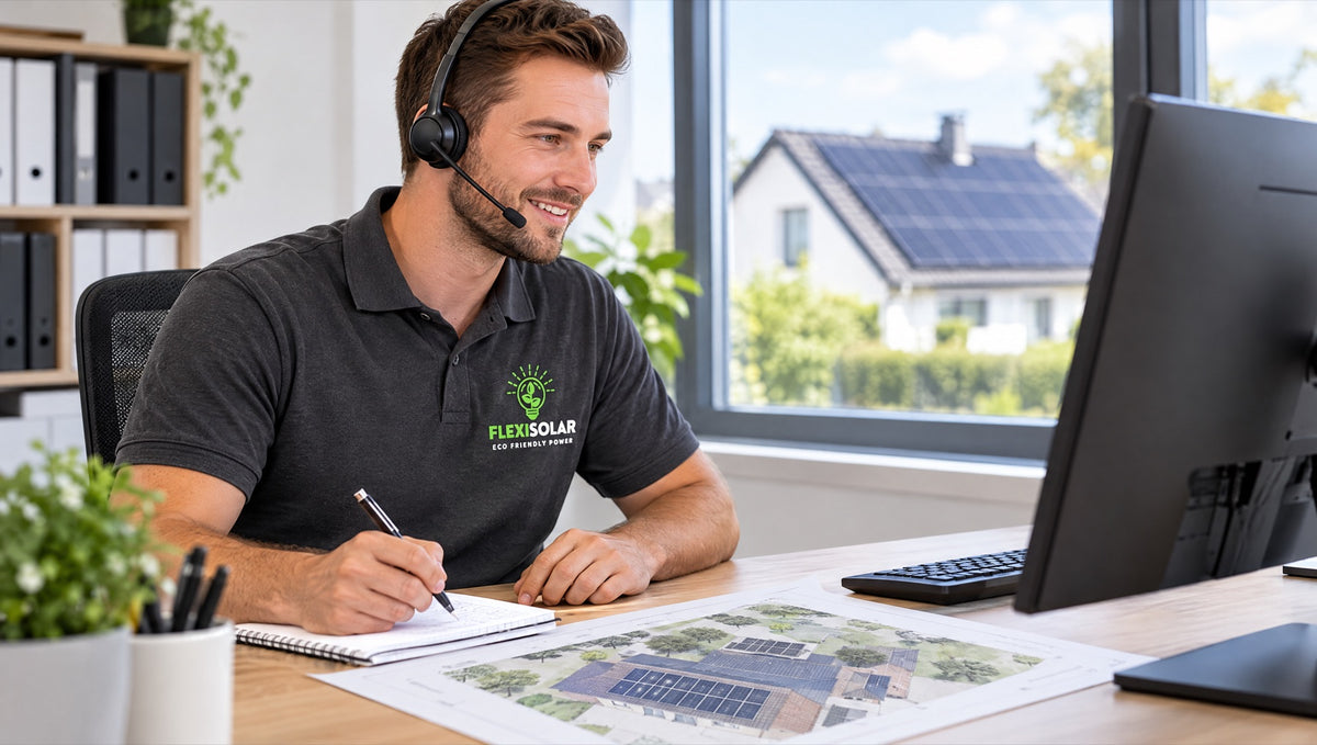 Flexisolar-Kundenberater mit Headset plant am Schreibtisch eine Photovoltaikanlage anhand eines Dachplans