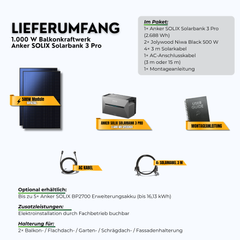 Lieferumfang: 1000W Balkonkraftwerk Anker SOLIX Solarbank 3 Pro mit 2,69 kWh Speicher (2 x 500 W Module, Halterung nach Wahl)