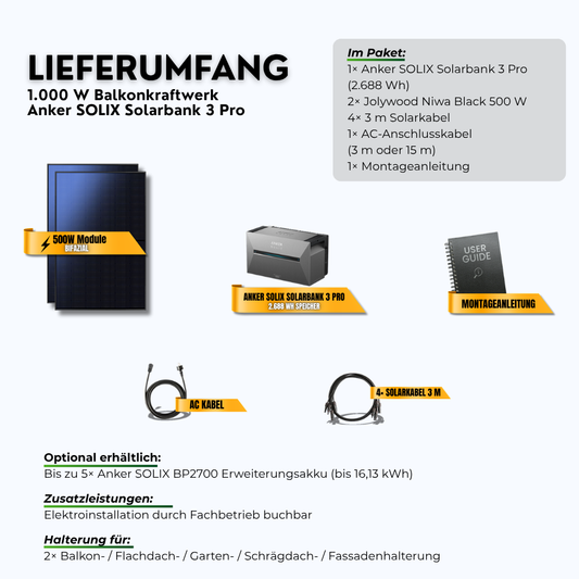 Lieferumfang: 1000W Balkonkraftwerk Anker SOLIX Solarbank 3 Pro mit 2,69 kWh Speicher (2 x 500 W Module, Halterung nach Wahl)